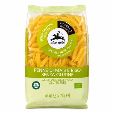 Paquet de penne Alce Nero bio sans gluten au maïs et riz italiens 250g sur fond blanc