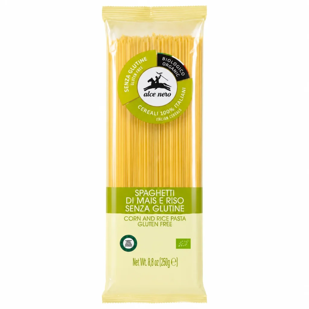 Paquet de spaghetti Alce Nero bio sans gluten au maïs et riz italiens 250g sur fond blanc