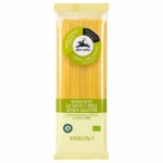 Paquet de spaghetti Alce Nero bio sans gluten au maïs et riz italiens 250g sur fond blanc