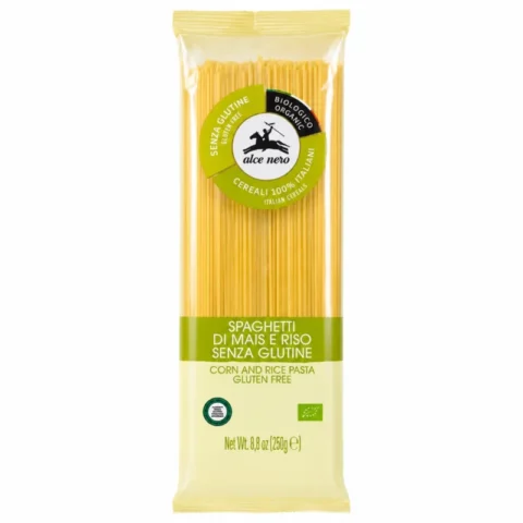 Paquet de spaghetti Alce Nero bio sans gluten au maïs et riz italiens 250g sur fond blanc