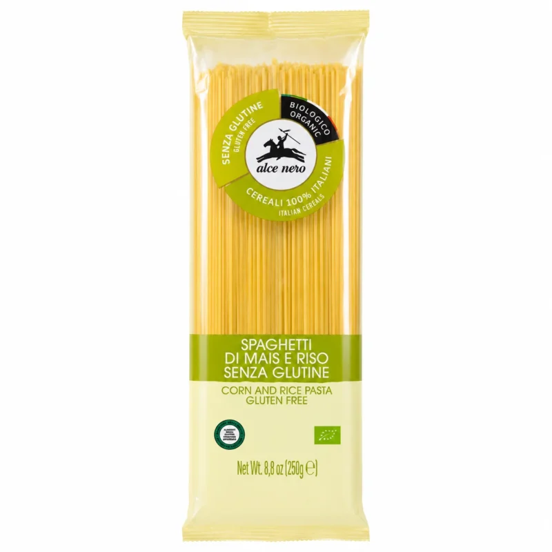 alce nero spaghetti Paquet de spaghetti Alce Nero bio sans gluten au maïs et riz italiens 250g sur fond blanc