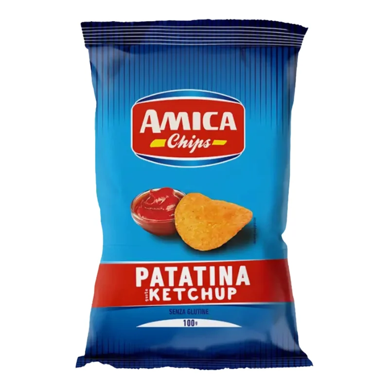 amina chips Paquet de chips Amica Chips Patatina saveur ketchup sans gluten 100g sur fond blanc