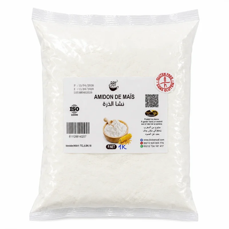bbf amidon de mais Sachet Biobenzaf Amidon de Maïs Sans Gluten 1kg sur fond blanc