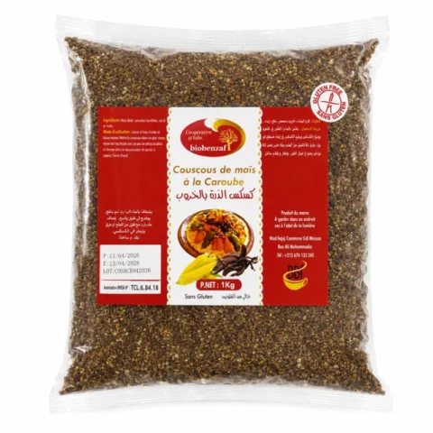 Sachet Biobenzaf Couscous de Maïs à la Caroube Sans Gluten 1kg sur fond blanc