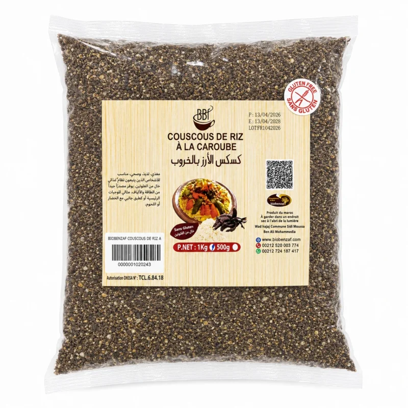 bbf couscous de riz Sachet Biobenzaf Couscous de Riz à la Caroube Sans Gluten 1kg sur fond blanc