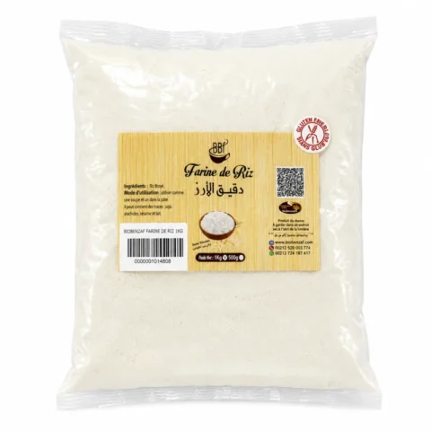 Sachet Biobenzaf Farine de Riz Sans Gluten 1kg sur fond blanc