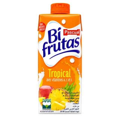 Pascual Bi Frutas Tropical 330 ml sans gluten boisson fruitée exotique sur fond blanc