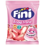 Sachet de bonbons Fini Bisous Fraises sans gluten 90g sur fond blanc.