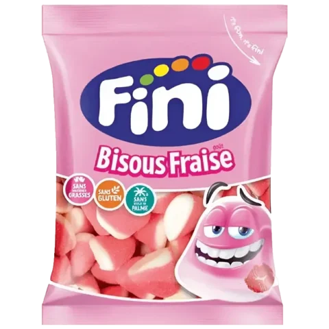 Sachet de bonbons Fini Bisous Fraises sans gluten 90g sur fond blanc.