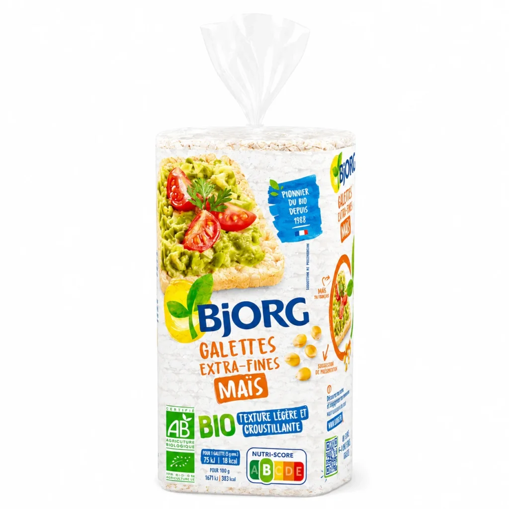 Paquet de galettes extra-fines au maïs Bjorg sans gluten 130g sur fond blanc