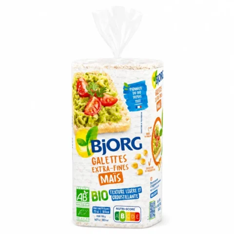 Paquet de galettes extra-fines au maïs Bjorg sans gluten 130g sur fond blanc