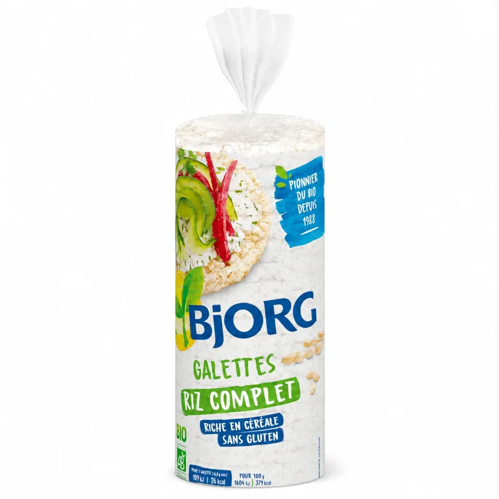 Paquet de galettes de riz complet Bjorg sans gluten 130g sur fond blanc