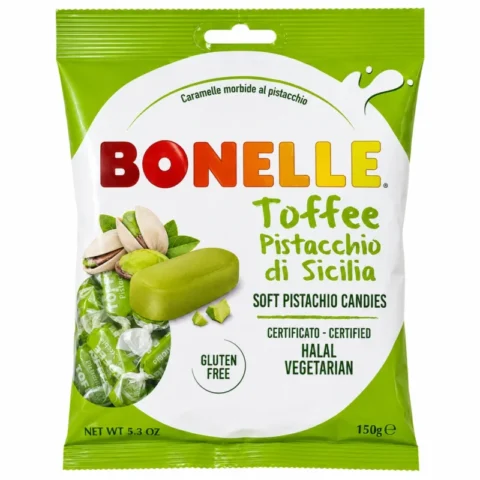 Sachet Bonelle Toffee Pistache de Sicile sans gluten 150g sur fond blanc