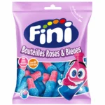 Sachet de bonbons Fini Bouteilles Roses et Bleues sans gluten 90g sur fond blanc.