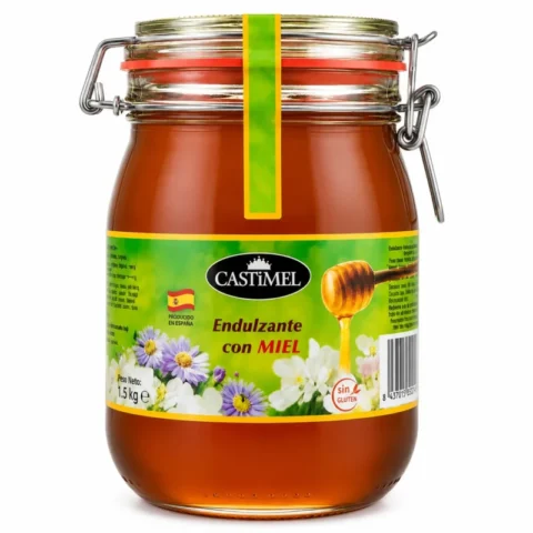 Grand pot Castimel édulcorant au miel sans gluten 1.5kg sur fond blanc