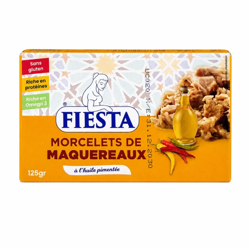 Fiesta Morcelets de Maquereaux Huile Pimentée 125g Fiesta Morcelets de Maquereaux à l’Huile Pimentée 125g sans gluten.