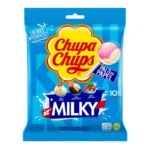 Sachet de sucettes Chupa Chups Milky sans gluten 10 lollipops 120g sur fond blanc