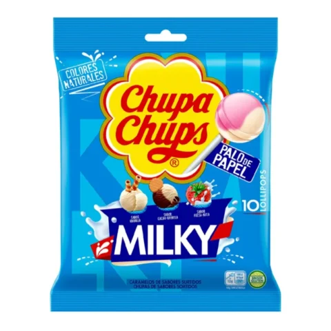 Sachet de sucettes Chupa Chups Milky sans gluten 10 lollipops 120g sur fond blanc