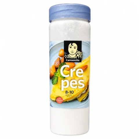 Préparation pour crêpes sans gluten Carmencita 170 g dans un emballage cylindrique avec couvercle bleu sur fond blanc.