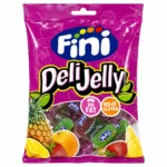 Sachet de bonbons Fini DeliJelly sans gluten 80g avec assortiment fruité sur fond blanc.