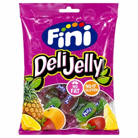 Sachet de bonbons Fini DeliJelly sans gluten 80g avec assortiment fruité sur fond blanc.