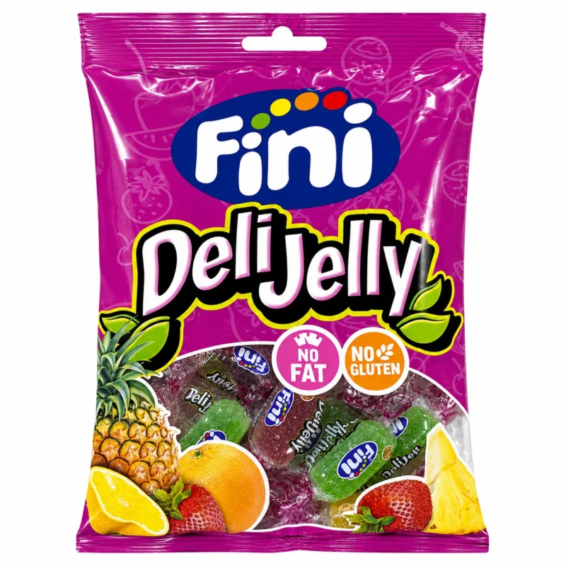 deli jelly Sachet de bonbons Fini DeliJelly sans gluten 80g avec assortiment fruité sur fond blanc.