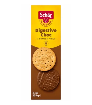 Schär Digestive Choc 125g, biscuits digestifs sans gluten recouverts de chocolat en 2 portions individuelles.