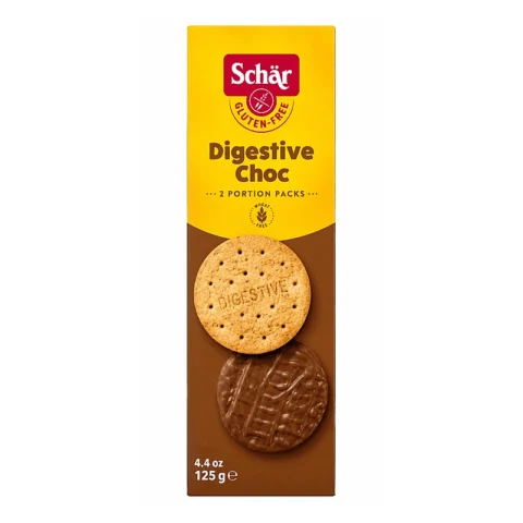 Schär Digestive Choc 125g, biscuits digestifs sans gluten recouverts de chocolat en 2 portions individuelles.