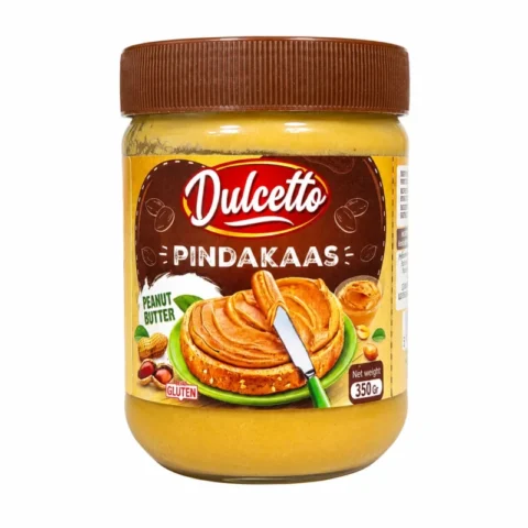 Pot de beurre de cacahuète Dulcetto Pindakaas sans gluten 350g sur fond blanc