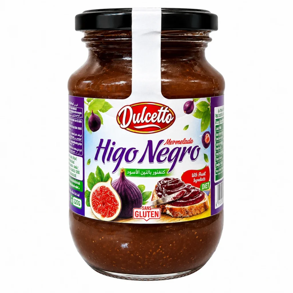 Pot de confiture de figue noire Dulcetto 330g sans sucres ajoutés et sans gluten sur fond blanc