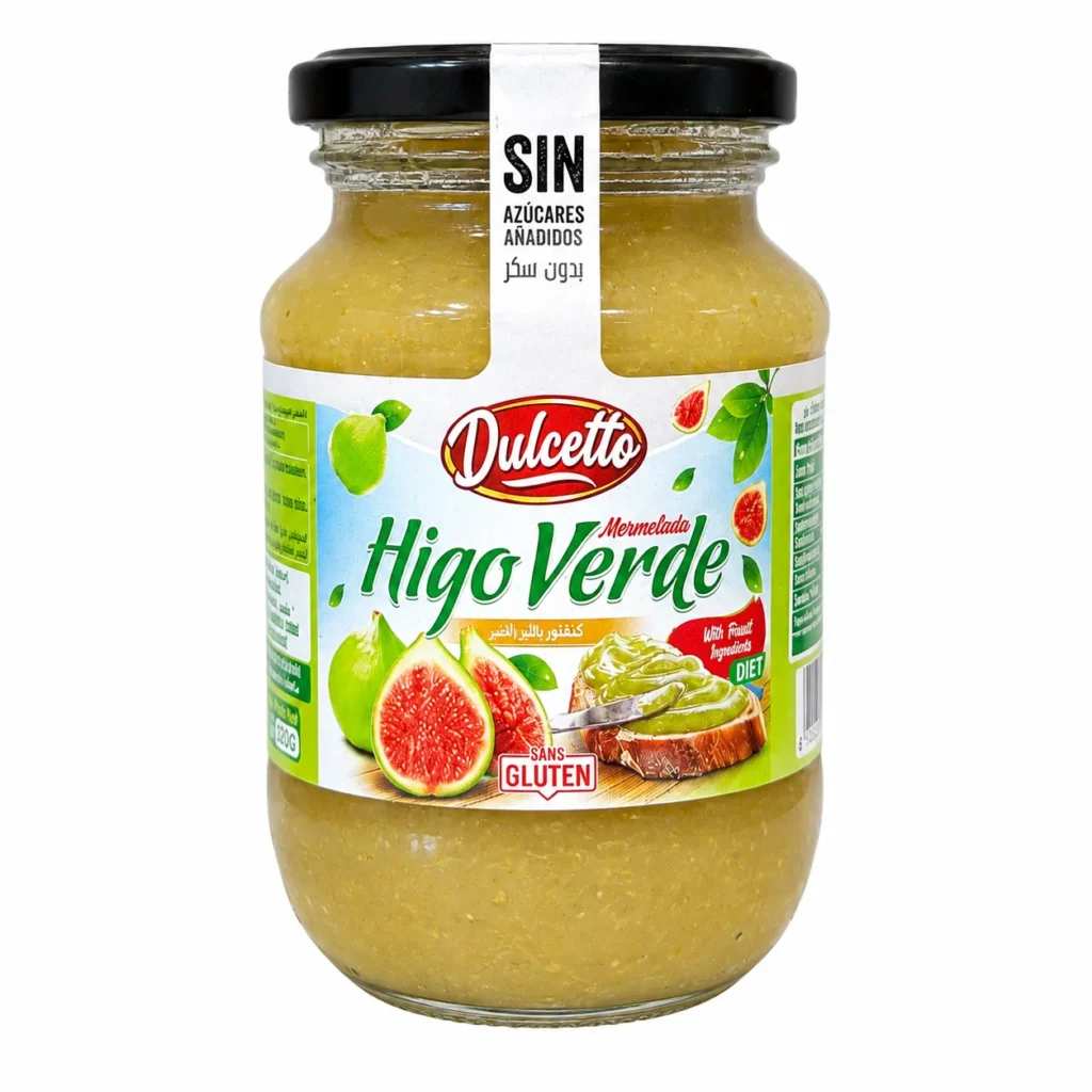 Pot de confiture de figue verte Dulcetto 330g sans sucres ajoutés et sans gluten sur fond blanc