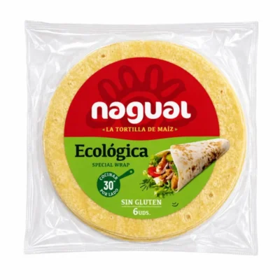 Tortillas de maïs écologiques Nagual sans gluten 240g emballage vert et rouge sur fond blanc