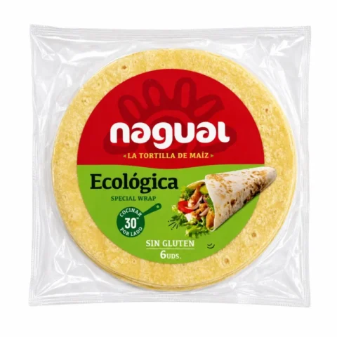 Tortillas de maïs écologiques Nagual sans gluten 240g emballage vert et rouge sur fond blanc