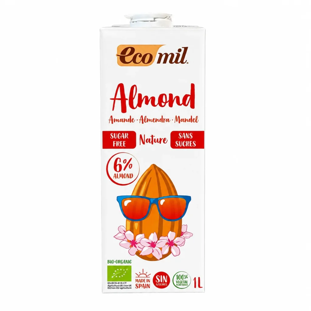 Boisson végétale Ecomil Almond Nature sans sucres 1L sans gluten sur fond blanc