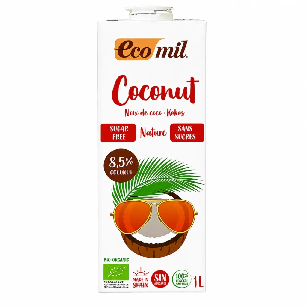 Boisson végétale Ecomil Coconut Nature 1L sans gluten sur fond blanc