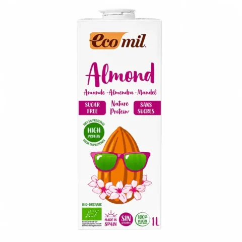 Boisson végétale Ecomil Almond Nature Protein 1L sans gluten sur fond blanc