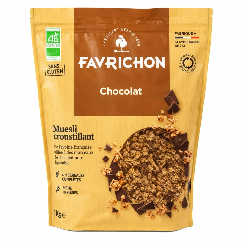 Favrichon muesli croustillant chocolat bio sans gluten 1kg emballage beige et marron