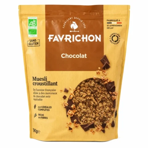Favrichon muesli croustillant chocolat bio sans gluten 1kg emballage beige et marron