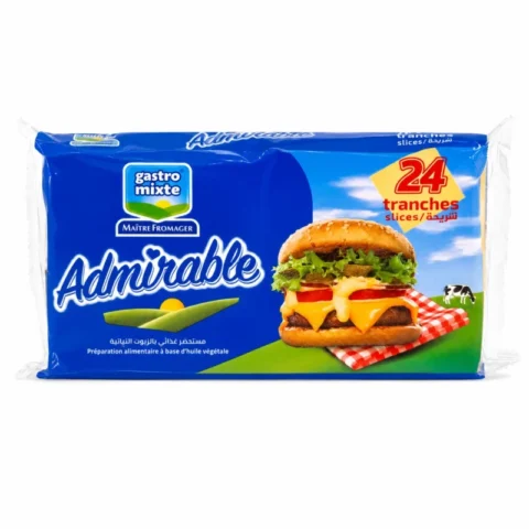 Gastro Mixte Admirable cheddar sans gluten 400g 24 tranches fromage fondu en emballage bleu sur fond blanc