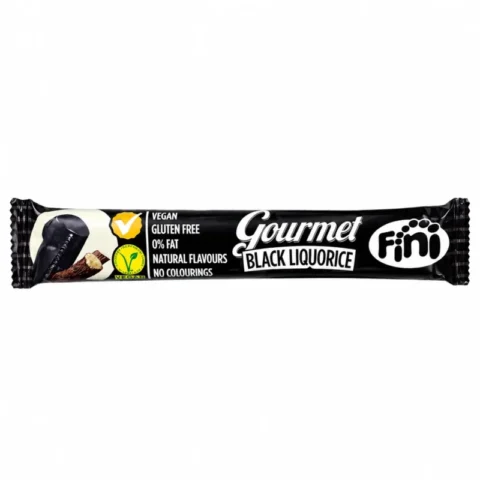 Barre de réglisse noire Fini Gourmet Black Liquorice 32g sans gluten sur fond blanc