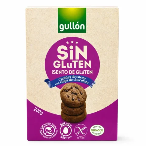 Boîte de cookies Gullón cacao aux pépites de chocolat sans gluten 200g sur fond blanc