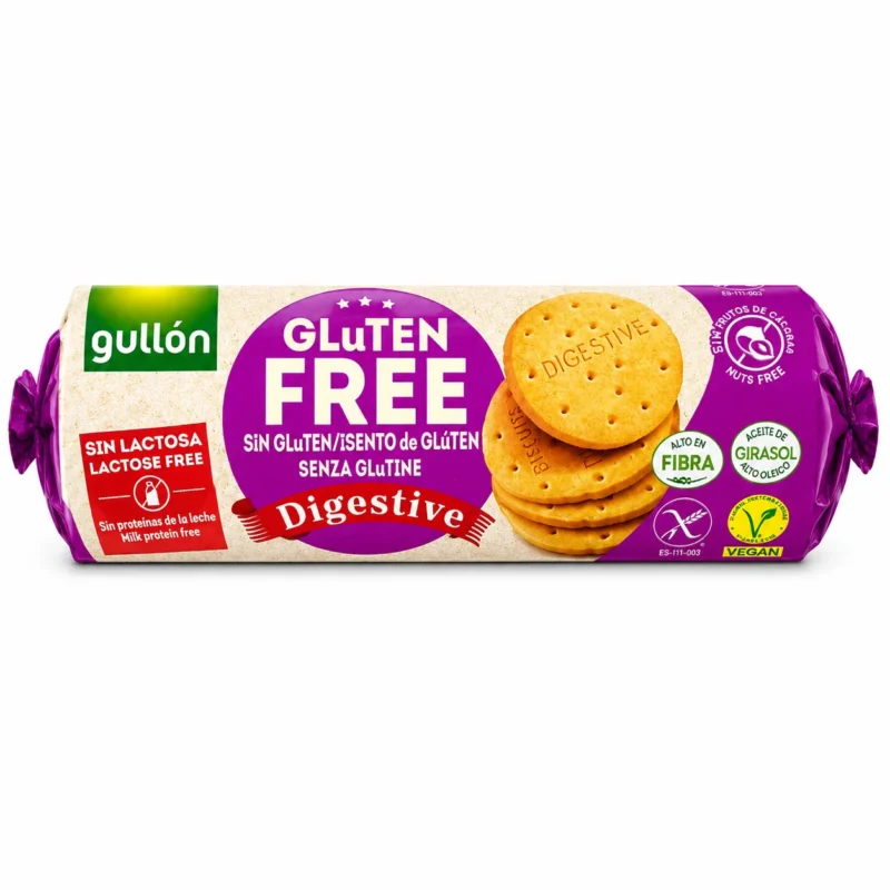 gullon digestive Paquet de biscuits Digestive Gullón 150g sans gluten et sans lactose sur fond blanc