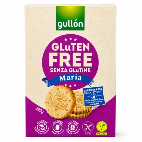 Boîte de biscuits Maria Gullón sans gluten et sans lactose 380g sur fond blanc