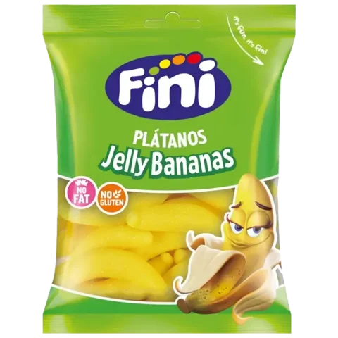 Sachet de bonbons Fini Jelly Bananas sans gluten 90g sur fond blanc.