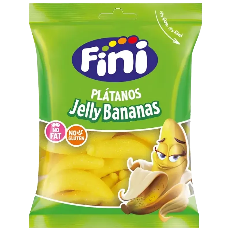 jelly banana Sachet de bonbons Fini Jelly Bananas sans gluten 90g sur fond blanc.