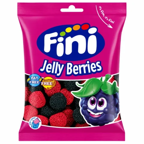 Sachet de bonbons Fini Jelly Berries sans gluten 90g sur fond blanc.