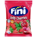 Sachet de bonbons Fini Jelly Cherries sans gluten 90g sur fond blanc.
