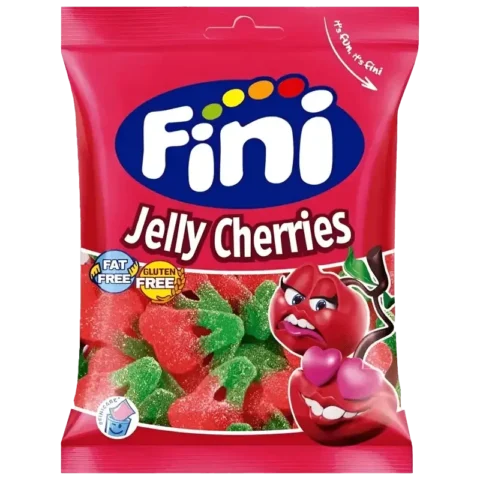 Sachet de bonbons Fini Jelly Cherries sans gluten 90g sur fond blanc.