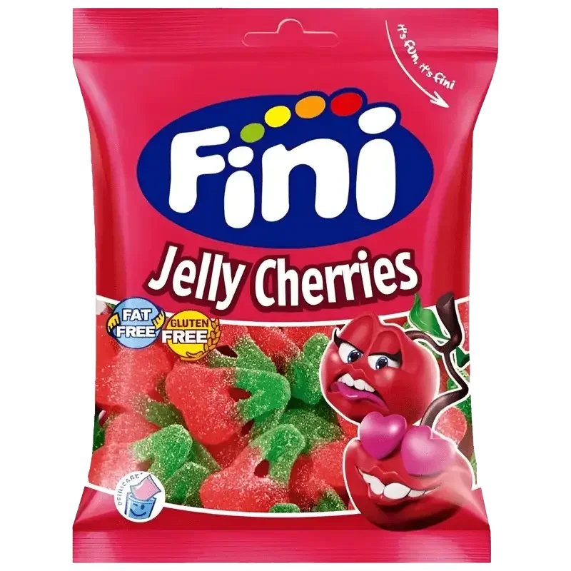jelly cherries Sachet de bonbons Fini Jelly Cherries sans gluten 90g sur fond blanc.