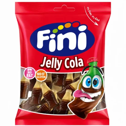 Sachet de bonbons Fini Jelly Cola sans gluten 90g sur fond blanc.